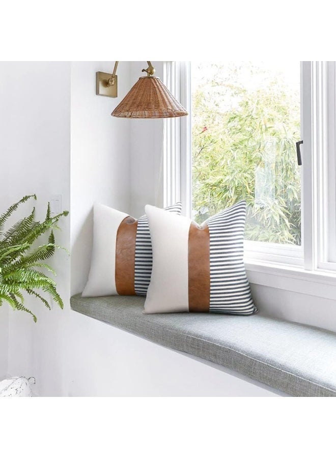 طقم من غطاءين للوسائد المزخرفة بنمط ريفي، أغطية وسائد عصرية من الجلد الصناعي، أغطية وسائد مخططة من الكتان المرقع لتزيين الأريكة والسرير - Image 2